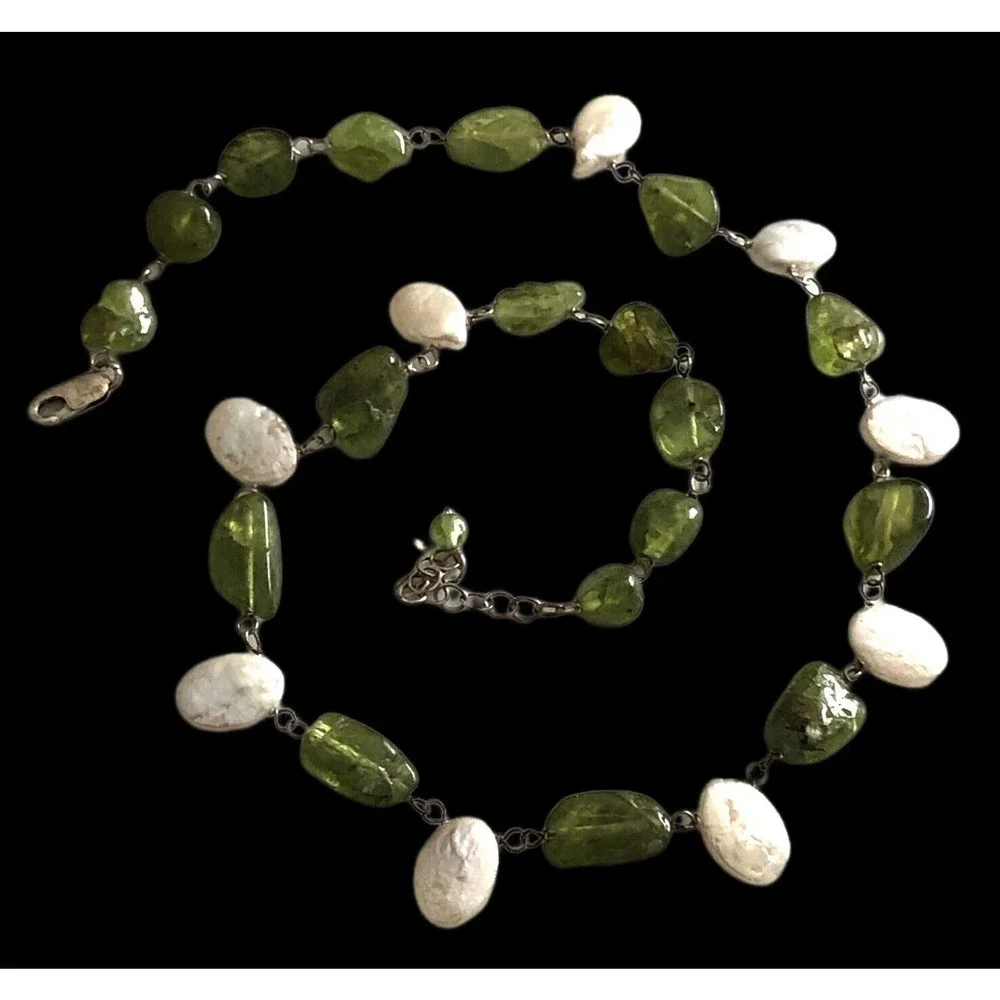 High Luster Freshwater Coin Pearl 17” + 2”extension Necklace Peridot Sterling